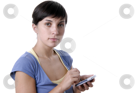 To use this stock image in your creative project, please select the size you need over to the right and click the "Add to Cart" button.
Your downloaded image will come with the Cutcaster watermark removed so don’t worry about the watermark you see on this page. Woman stock photo, A woman holding a PDA isolated on white by Rui Vale de Sousa