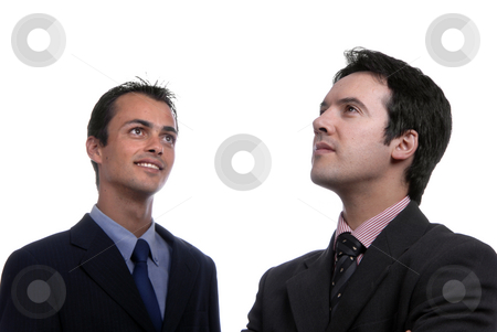 To use this stock image in your creative project, please select the size you need over to the right and click the "Add to Cart" button.
Your downloaded image will come with the Cutcaster watermark removed so don’t worry about the watermark you see on this page. Wondering stock photo, Two young business men portrait on white. focus on the right man by Rui Vale de Sousa