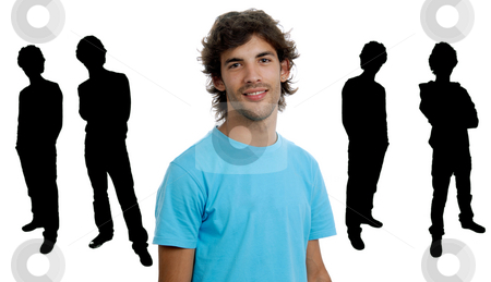 To use this stock image in your creative project, please select the size you need over to the right and click the "Add to Cart" button.
Your downloaded image will come with the Cutcaster watermark removed so don’t worry about the watermark you see on this page. Happy stock photo, Young man portrait with some men in silhouette by Rui Vale de Sousa