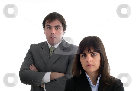 To use this stock image in your creative project, please select the size you need over to the right and click the "Add to Cart" button.
Your downloaded image will come with the Cutcaster watermark removed so don’t worry about the watermark you see on this page. Couple stock photo, Business couple portrait isolated on white, focus on the woman by Rui Vale de Sousa