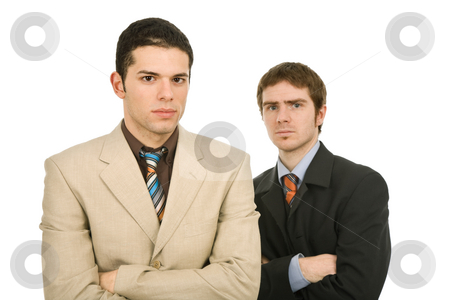To use this stock image in your creative project, please select the size you need over to the right and click the "Add to Cart" button.
Your downloaded image will come with the Cutcaster watermark removed so don’t worry about the watermark you see on this page. Team stock photo, Two young business men portrait on white, focus on the left man by Rui Vale de Sousa