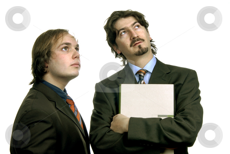 To use this stock image in your creative project, please select the size you need over to the right and click the "Add to Cart" button.
Your downloaded image will come with the Cutcaster watermark removed so don’t worry about the watermark you see on this page. Wondering stock photo, Two young business men portrait isolated on white by Rui Vale de Sousa