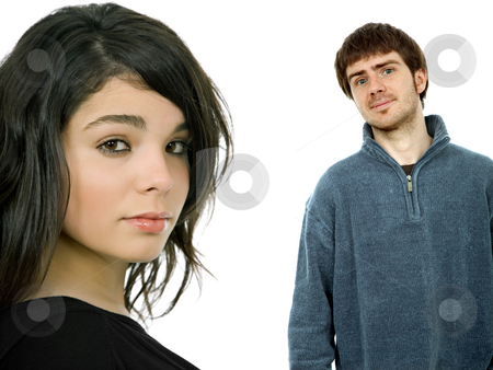 To use this stock image in your creative project, please select the size you need over to the right and click the "Add to Cart" button.
Your downloaded image will come with the Cutcaster watermark removed so don’t worry about the watermark you see on this page. Couple stock photo, Young fashion couple isolated on white background by Rui Vale de Sousa