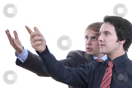 To use this stock image in your creative project, please select the size you need over to the right and click the "Add to Cart" button.
Your downloaded image will come with the Cutcaster watermark removed so don’t worry about the watermark you see on this page. Business men stock photo, Two young business men portrait on white. focus on the right man by Rui Vale de Sousa