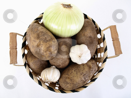 To use this stock image in your creative project, please select the size you need over to the right and click the "Add to Cart" button.
Your downloaded image will come with the Cutcaster watermark removed so don’t worry about the watermark you see on this page. Potatoes, Onion and Garlic stock photo, A wicker basket full of baker potatoes, a large white onion, and garlic bulbs. Over a white background. by Robert Gebbie