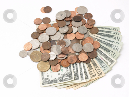 To use this stock image in your creative project, please select the size you need over to the right and click the "Add to Cart" button.
Your downloaded image will come with the Cutcaster watermark removed so don’t worry about the watermark you see on this page. Money stock photo, US Bank notes fanned out with different denominations, and US coins spilled over the top. Studio isolated over a white background. by Robert Gebbie