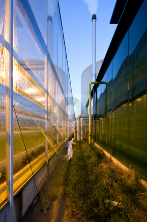To use this stock image in your creative project, please select the size you need over to the right and click the "Add to Cart" button.
Your downloaded image will come with the Cutcaster watermark removed so don’t worry about the watermark you see on this page. Glasshouse stock photo, The exterior glass fascade of a huge glasshouse with heating system and generator by Corepics VOF