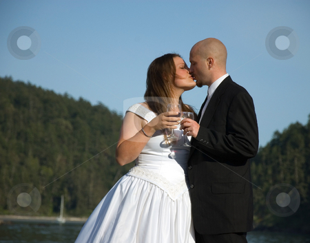 To use this stock image in your creative project, please select the size you need over to the right and click the "Add to Cart" button.
Your downloaded image will come with the Cutcaster watermark removed so don’t worry about the watermark you see on this page. Bride and Groom Kiss During Wine Toast stock photo, This young bride and groom share a kiss during a toast with their wine glasses against blue sky. by Valerie Garner