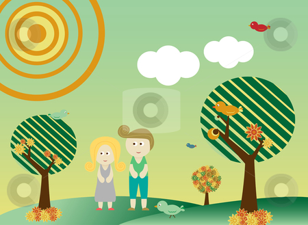 To use this stock image in your creative project, please select the size you need over to the right and click the "Add to Cart" button.
Your downloaded image will come with the Cutcaster watermark removed so don’t worry about the watermark you see on this page. Retro style couple in landscape stock vector clipart, Retro style couple in a background with tree, sun, clouds, flowers and birds by Augusto Cabral Graphiste Rennes