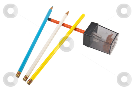 To use this stock image in your creative project, please select the size you need over to the right and click the "Add to Cart" button.
Your downloaded image will come with the Cutcaster watermark removed so don’t worry about the watermark you see on this page. Colored Pencils w/Sharpener, isolated stock photo, Four colored pencils and pencil sharpener, isolated on white background by Steve Carroll