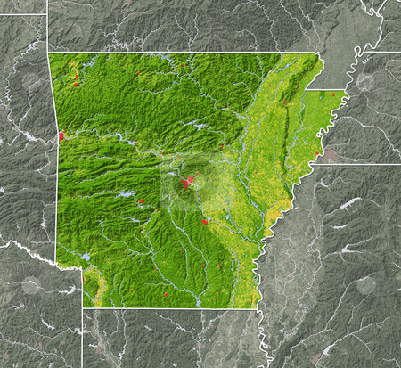 To use this stock image in your creative project, please select the size you need over to the right and click the "Add to Cart" button.
Your downloaded image will come with the Cutcaster watermark removed so don’t worry about the watermark you see on this page. Arkansas, shaded relief map. stock photo, Arkansas, shaded relief map. Colored according to natural appearance, with major urban areas. Includes clip paths for the state boundary and land areas.
Projection: Mercator ; Geographic extents: W: -95.4; E: -88.8; S: 32.2; N: 37.2 by Michael Schmeling