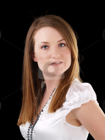 To use this stock image in your creative project, please select the size you need over to the right and click the "Add to Cart" button.
Your downloaded image will come with the Cutcaster watermark removed so don’t worry about the watermark you see on this page. Young woman in white blouse against black stock photo, Portrait of young caucasian woman in white blouse by Jeff Cleveland