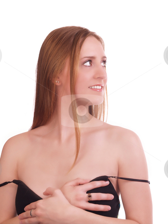 To use this stock image in your creative project, please select the size you need over to the right and click the "Add to Cart" button.
Your downloaded image will come with the Cutcaster watermark removed so don’t worry about the watermark you see on this page. Young woman holding up dress staps off shoulder stock photo, Young caucasian woman holding up black dress by Jeff Cleveland