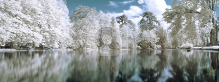 To use this stock image in your creative project, please select the size you need over to the right and click the "Add to Cart" button.
Your downloaded image will come with the Cutcaster watermark removed so don’t worry about the watermark you see on this page. Infrared panoramic landscape stock photo, Infrared panoramic landscape with trees reflecting in lake orton effect by Laurent Dambies