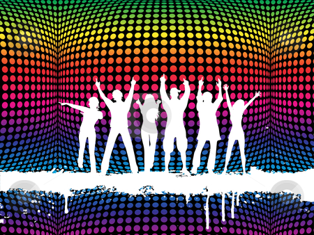 To use this stock image in your creative project, please select the size you need over to the right and click the "Add to Cart" button.
Your downloaded image will come with the Cutcaster watermark removed so don’t worry about the watermark you see on this page. Funky party stock vector clipart, Silhouettes of people dancing on a funky background by Kirsty Pargeter