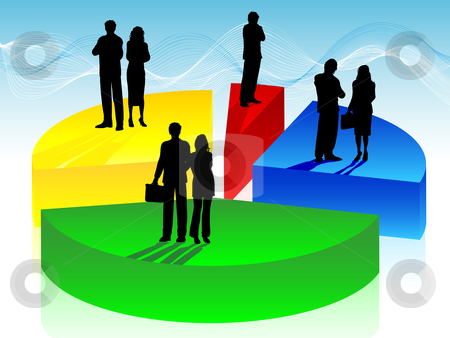 To use this stock image in your creative project, please select the size you need over to the right and click the "Add to Cart" button.
Your downloaded image will come with the Cutcaster watermark removed so don’t worry about the watermark you see on this page. Business people on pie chart stock vector clipart, Silhouettes of business people on a pie chart by Kirsty Pargeter