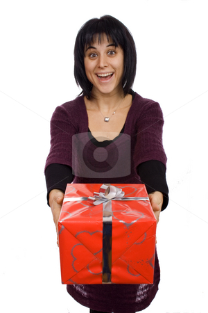 To use this stock image in your creative project, please select the size you need over to the right and click the "Add to Cart" button.
Your downloaded image will come with the Cutcaster watermark removed so don’t worry about the watermark you see on this page. Give me a present stock photo, Young woman giving or receving a red present by Marc Torrell