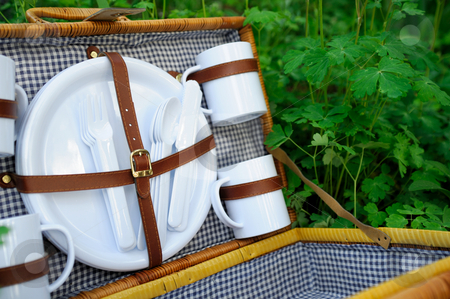 To use this stock image in your creative project, please select the size you need over to the right and click the "Add to Cart" button.
Your downloaded image will come with the Cutcaster watermark removed so don’t worry about the watermark you see on this page. Picnic Basket stock photo, Empty wicker picnic basket with plates, cups and eating utensils with the inside lined with black and white gingham fabric. by Lynn Bendickson