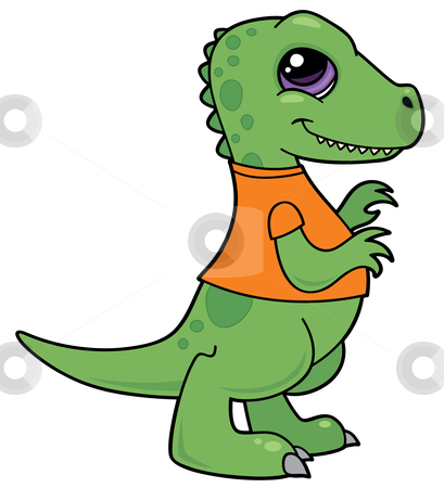 To use this stock image in your creative project, please select the size you need over to the right and click the "Add to Cart" button.
Your downloaded image will come with the Cutcaster watermark removed so don’t worry about the watermark you see on this page. Tyrannosaurus Rex Baby stock vector clipart, Vector cartoon illustration of a green baby Tyrannosaurus Rex dinosaur wearing an orange shirt. by John Schwegel