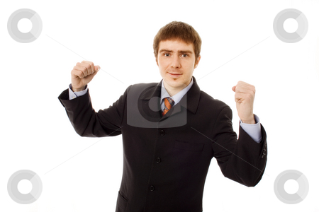 To use this stock image in your creative project, please select the size you need over to the right and click the "Add to Cart" button.
Your downloaded image will come with the Cutcaster watermark removed so don’t worry about the watermark you see on this page. Man stock photo, Young business man white isolate champion hands by Marc Torrell