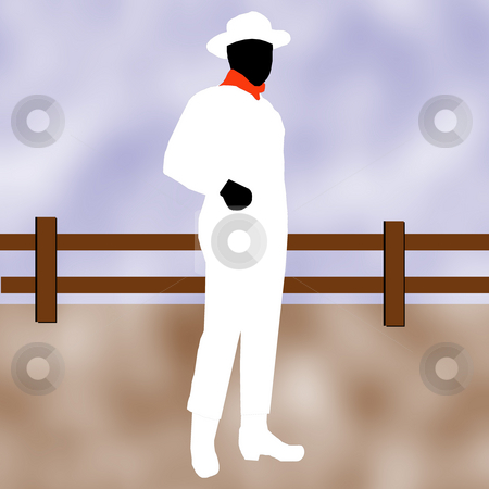 To use this stock image in your creative project, please select the size you need over to the right and click the "Add to Cart" button.
Your downloaded image will come with the Cutcaster watermark removed so don’t worry about the watermark you see on this page. Cowboy in white stock photo, A cowboy in white standing in front of a wooden fence. by Karen Carter