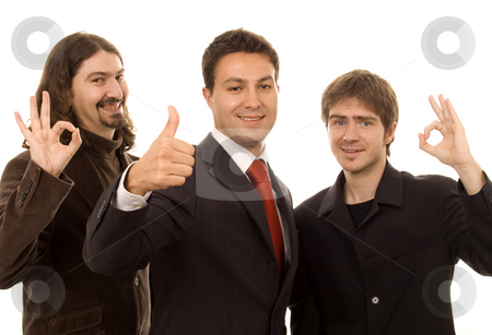 To use this stock image in your creative project, please select the size you need over to the right and click the "Add to Cart" button.
Your downloaded image will come with the Cutcaster watermark removed so don’t worry about the watermark you see on this page. Ok sign stock photo, Three business men with ok signs by Marc Torrell