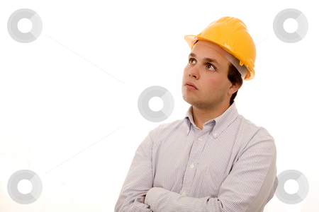 To use this stock image in your creative project, please select the size you need over to the right and click the "Add to Cart" button.
Your downloaded image will come with the Cutcaster watermark removed so don’t worry about the watermark you see on this page. Thinking stock photo, Young man whith yellow helmet white isolate by Marc Torrell