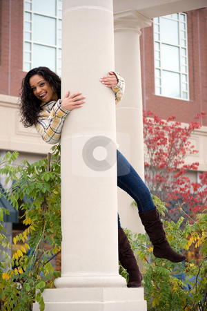 To use this stock image in your creative project, please select the size you need over to the right and click the "Add to Cart" button.
Your downloaded image will come with the Cutcaster watermark removed so don’t worry about the watermark you see on this page. Goofing Around stock photo, A young woman playing around on a large pillar outside. by Todd Arena