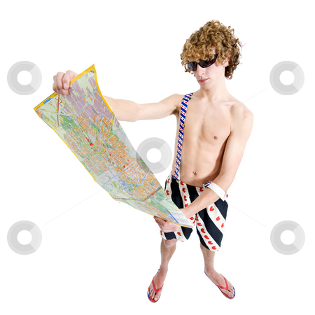 To use this stock image in your creative project, please select the size you need over to the right and click the "Add to Cart" button.
Your downloaded image will come with the Cutcaster watermark removed so don’t worry about the watermark you see on this page. Lost Tourists stock photo, An archetypal tourists dressed in suspenders, swimming pants and slippers staring at a map to find his way by Corepics VOF