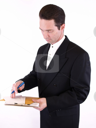 To use this stock image in your creative project, please select the size you need over to the right and click the "Add to Cart" button.
Your downloaded image will come with the Cutcaster watermark removed so don’t worry about the watermark you see on this page. Man in Suit with Clipboard stock photo, Adult male in a suit holding a clipboard with envelopes and a pen. Isolated on a white background. by Robert Gebbie