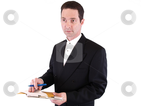 To use this stock image in your creative project, please select the size you need over to the right and click the "Add to Cart" button.
Your downloaded image will come with the Cutcaster watermark removed so don’t worry about the watermark you see on this page. Taking Contributions stock photo, Adult male in a suit holding a clipboard with envelopes and a pen. Isolated on a white background. by Robert Gebbie