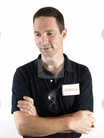 To use this stock image in your creative project, please select the size you need over to the right and click the "Add to Cart" button.
Your downloaded image will come with the Cutcaster watermark removed so don’t worry about the watermark you see on this page. Company Visitor stock photo, Male with arms crossed, a visitor badge and a pair of safety glasses hanging on his shirt. by Robert Gebbie