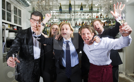 To use this stock image in your creative project, please select the size you need over to the right and click the "Add to Cart" button.
Your downloaded image will come with the Cutcaster watermark removed so don’t worry about the watermark you see on this page. Exuberant Cheering stock photo, Group of friends cheering in a restaurant bar by Corepics VOF