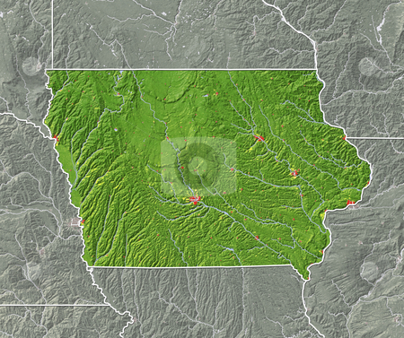 To use this stock image in your creative project, please select the size you need over to the right and click the "Add to Cart" button.
Your downloaded image will come with the Cutcaster watermark removed so don’t worry about the watermark you see on this page. Iowa, shaded relief map. stock photo, Iowa, shaded relief map. Colored according to natural appearance, with major urban areas. Includes clip path for the state boundary.
Projection: Mercator ; Geographic extents: W: -97.5; E: -89.5; S: 39.5; N: 44.5 by Michael Schmeling