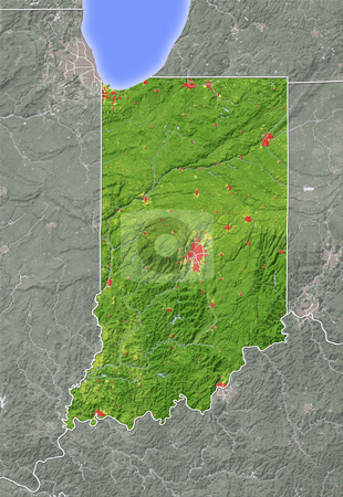 To use this stock image in your creative project, please select the size you need over to the right and click the "Add to Cart" button.
Your downloaded image will come with the Cutcaster watermark removed so don’t worry about the watermark you see on this page. Indiana, shaded relief map. stock photo, Indiana, shaded relief map. Colored according to natural appearance, with major urban areas. Includes clip paths for the state boundary and land areas.
Projection: Mercator ; Geographic extents: W: -89.0; E: -84.0; S: 37.0; N: 42.6 by Michael Schmeling