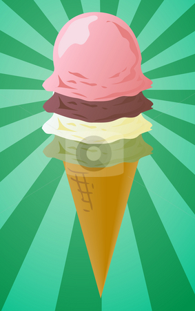 To use this stock image in your creative project, please select the size you need over to the right and click the "Add to Cart" button.
Your downloaded image will come with the Cutcaster watermark removed so don’t worry about the watermark you see on this page. Ice cream cone illustration stock photo, Ice cream cone illustration, three scoops on radial burst background by Kheng Guan Toh