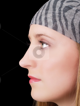 To use this stock image in your creative project, please select the size you need over to the right and click the "Add to Cart" button.
Your downloaded image will come with the Cutcaster watermark removed so don’t worry about the watermark you see on this page. Tight profile portrait of young caucasian woman stock photo, Young caucasian woman closeup portrait profile blond by Jeff Cleveland