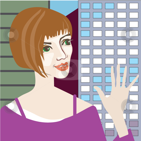 To use this stock image in your creative project, please select the size you need over to the right and click the "Add to Cart" button.
Your downloaded image will come with the Cutcaster watermark removed so don’t worry about the watermark you see on this page. City Girl stock vector clipart, An attractive friendly looking woman waves before a cityscape background. by Maggie Bates