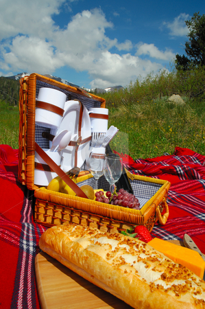 To use this stock image in your creative project, please select the size you need over to the right and click the "Add to Cart" button.
Your downloaded image will come with the Cutcaster watermark removed so don’t worry about the watermark you see on this page. Picnic Setting stock photo, Fruit, Wine and cheese picnic in a scenic mountain meadow setting on a bright sunny day by Lynn Bendickson