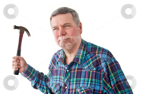 To use this stock image in your creative project, please select the size you need over to the right and click the "Add to Cart" button.
Your downloaded image will come with the Cutcaster watermark removed so don’t worry about the watermark you see on this page. Mature Handyman with hammer stock photo, Portrait of mature Handyman with hammer, isolated on a white background. by Steve Carroll