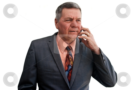 To use this stock image in your creative project, please select the size you need over to the right and click the "Add to Cart" button.
Your downloaded image will come with the Cutcaster watermark removed so don’t worry about the watermark you see on this page. Portrait of Senior Businessman stock photo, Portrait of a senior businessman talking on cell phone with puzzled look on face, isolated on a white background. by Steve Carroll