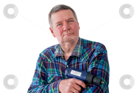 To use this stock image in your creative project, please select the size you need over to the right and click the "Add to Cart" button.
Your downloaded image will come with the Cutcaster watermark removed so don’t worry about the watermark you see on this page. Portrait of Mature Handyman stock photo, Portrait of mature handyman with cordless drill, isolated on a white background. by Steve Carroll