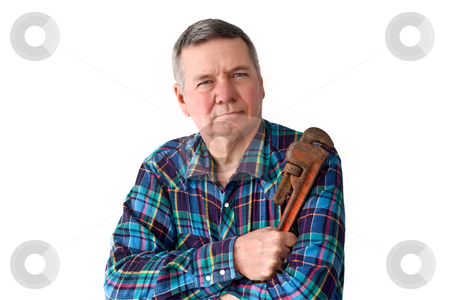 To use this stock image in your creative project, please select the size you need over to the right and click the "Add to Cart" button.
Your downloaded image will come with the Cutcaster watermark removed so don’t worry about the watermark you see on this page. Portrait of Mature DIY plumber stock photo, Portrait of mature handyman with pipe wrench, isolated on a white background. by Steve Carroll