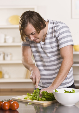 To use this stock image in your creative project, please select the size you need over to the right and click the "Add to Cart" button.
Your downloaded image will come with the Cutcaster watermark removed so don’t worry about the watermark you see on this page. Attractive male cutting lettuce stock photo, Attractive male cutting lettuce, making a salad on the kitchen counter. White bowl to his side and he is wearing a striped shirt. vertical by Jonathan Ross
