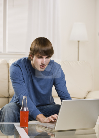 To use this stock image in your creative project, please select the size you need over to the right and click the "Add to Cart" button.
Your downloaded image will come with the Cutcaster watermark removed so don’t worry about the watermark you see on this page. Brunette male using laptop stock photo, Brunette male using laptop while sitting on the coach wearing a long sleeved blue t-shirt, and drinking an orange soda. vertical by Jonathan Ross