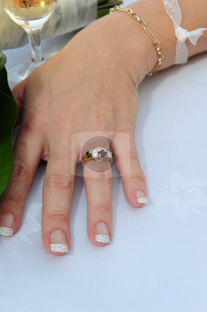 To use this stock image in your creative project, please select the size you need over to the right and click the "Add to Cart" button.
Your downloaded image will come with the Cutcaster watermark removed so don’t worry about the watermark you see on this page. Bride showing wedding ring stock photo, A newlywed bride showing off her wedding ring. by Nicolaas Traut