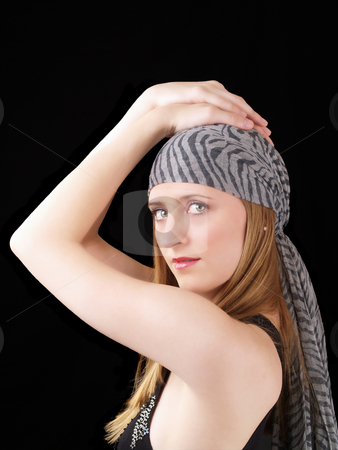 To use this stock image in your creative project, please select the size you need over to the right and click the "Add to Cart" button.
Your downloaded image will come with the Cutcaster watermark removed so don’t worry about the watermark you see on this page. Young woman with scarf hands on head stock photo, Young blond woman with hands on head scarf by Jeff Cleveland