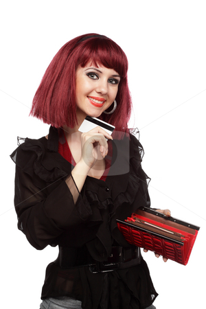 To use this stock image in your creative project, please select the size you need over to the right and click the "Add to Cart" button.
Your downloaded image will come with the Cutcaster watermark removed so don’t worry about the watermark you see on this page. Happy woman holding credit card and wallet stock photo, Happy woman holding credit card and wallet over white by Ivelin Radkov