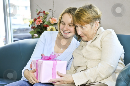 To use this stock image in your creative project, please select the size you need over to the right and click the "Add to Cart" button.
Your downloaded image will come with the Cutcaster watermark removed so don’t worry about the watermark you see on this page. Granddaughter visiting grandmother stock photo, Granddaughter giving a present to her grandmother by Elena Elisseeva
