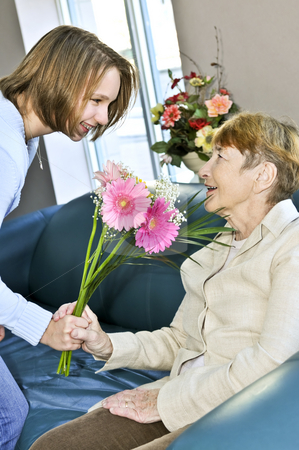 To use this stock image in your creative project, please select the size you need over to the right and click the "Add to Cart" button.
Your downloaded image will come with the Cutcaster watermark removed so don’t worry about the watermark you see on this page. Granddaughter visiting grandmother stock photo, Granddaughter bringing colorful flowers to her grandmother by Elena Elisseeva